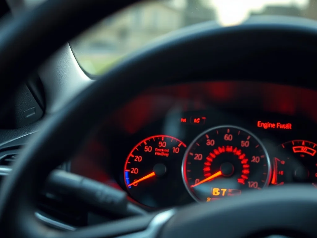 Zbliżenie deski rozdzielczej z zapaloną żółtą kontrolką Check Engine, sygnalizującą możliwą usterkę silnika.