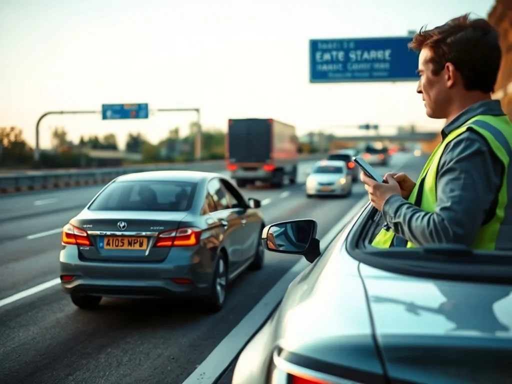 Kierowca w kamizelce odblaskowej stoi przy unieruchomionym aucie na poboczu autostrady i dzwoni po pomoc, za nim ruchliwy ruch.