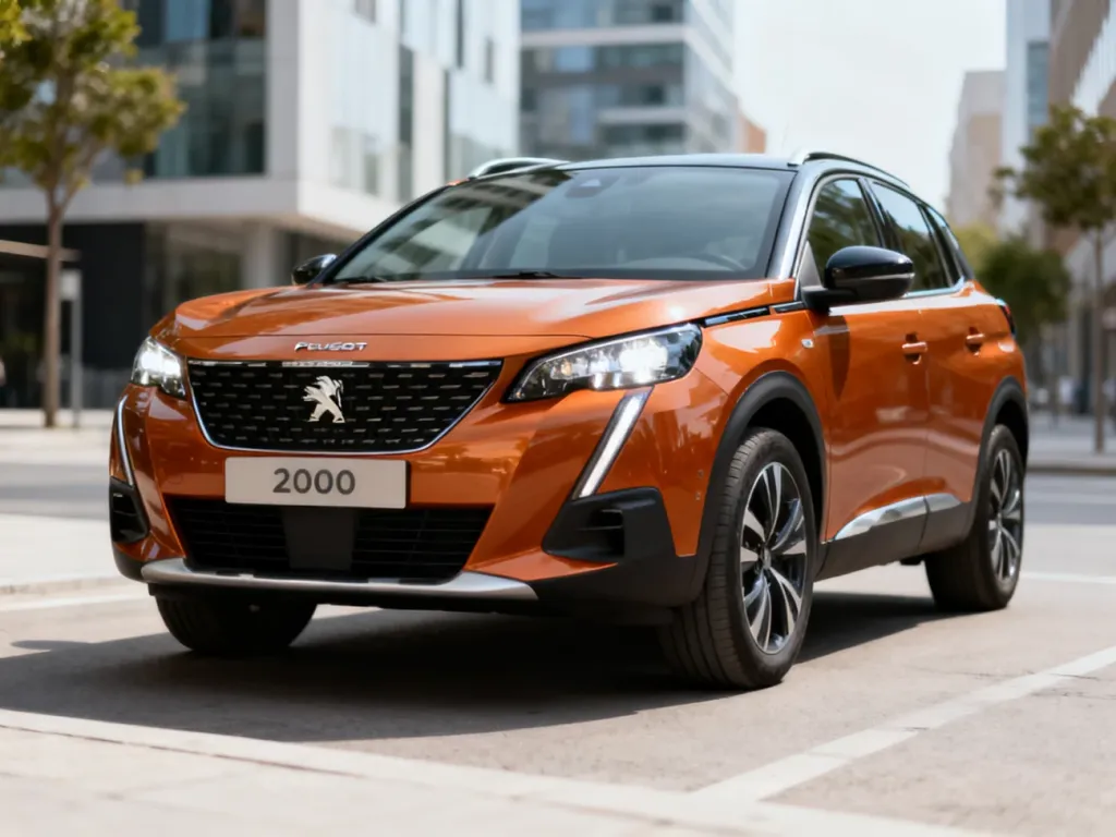 Pomarańczowy Peugeot 2008 SUV z przodu na miejskiej ulicy, podkreślone reflektory i grill, nowoczesna, miejska sceneria.