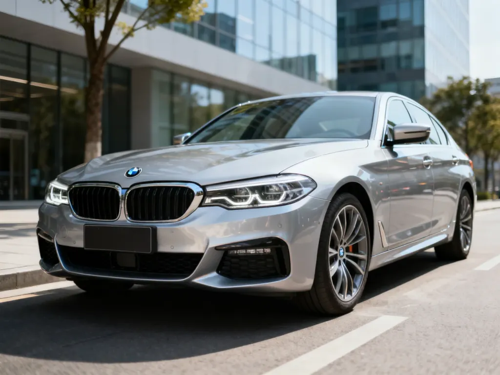 Srebrne BMW G20 zaparkowane na tle nowoczesnych biurowców, podkreślone reflektory, nerki i aluminiowe felgi.