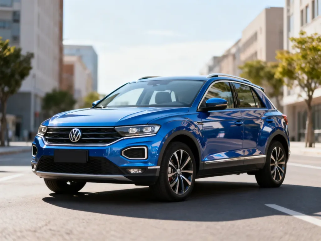 Volkswagen T-Roc w metalicznym niebieskim kolorze zaparkowany na miejskiej ulicy, widok z przodu i boku auta