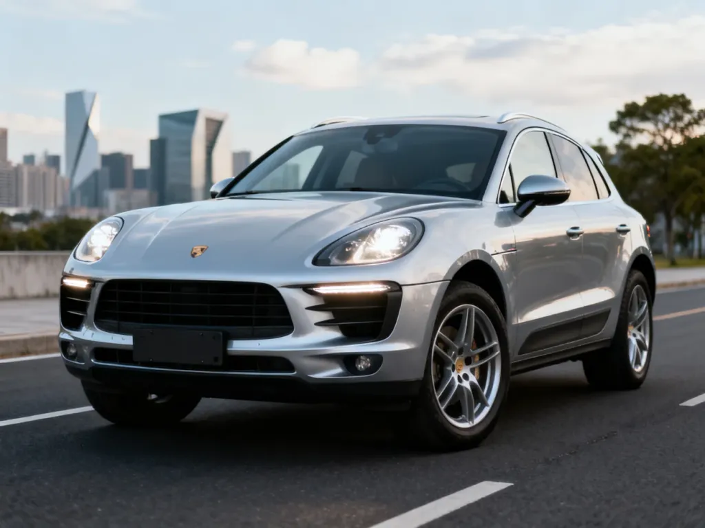 Porsche Macan w srebrnym kolorze od frontu na drodze, na tle nowoczesnej miejskiej zabudowy i lekkiego nieba.