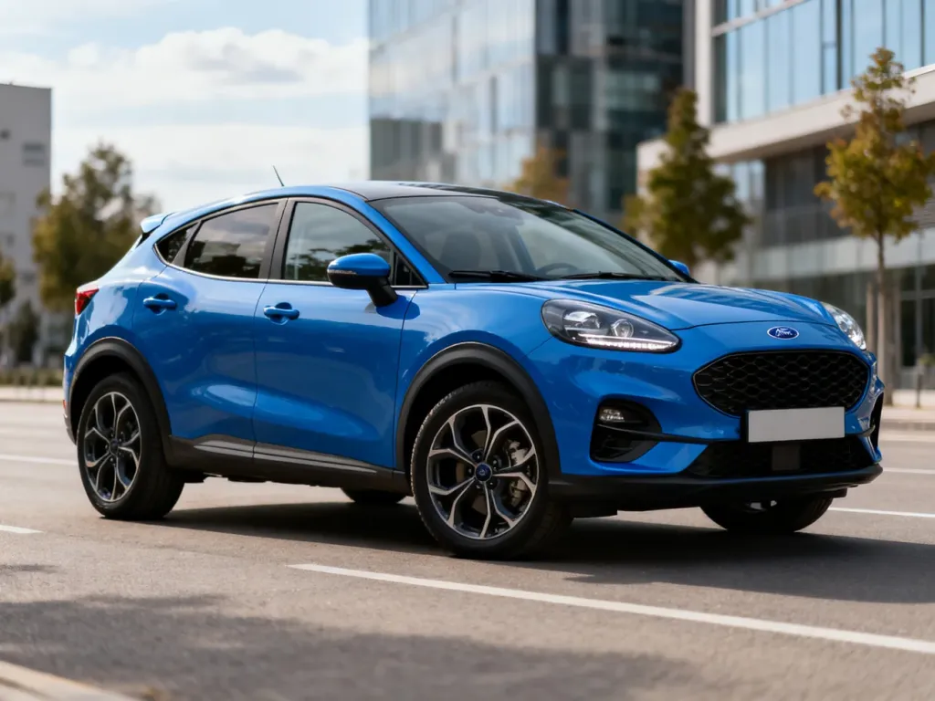 Niebieski Ford Puma SUV zaparkowany na pustej miejskiej ulicy, podkreślający styl, design i nowoczesny charakter modelu