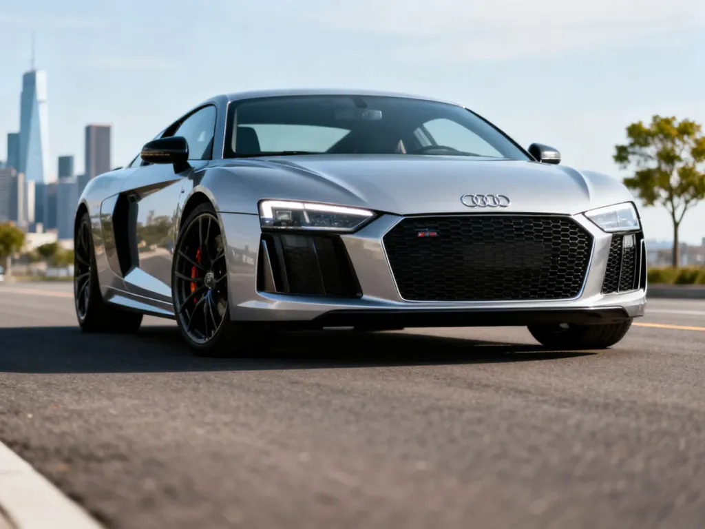 Srebrne Audi R8 stoi na gładkim asfalcie, eksponując sportowe linie, LED-owe reflektory i duże koła na tle miasta.