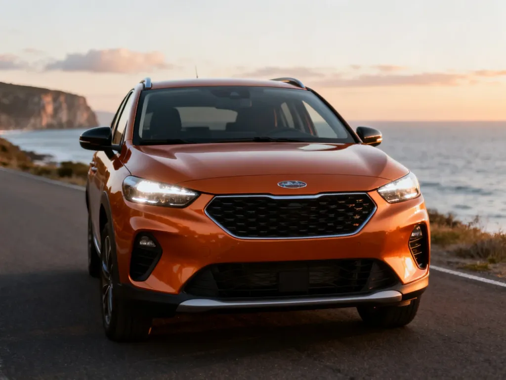 Seat Arona w metalicznym pomarańczu zaparkowana nad morzem, podkreślająca design SUV-a i szczegóły przedniego pasa