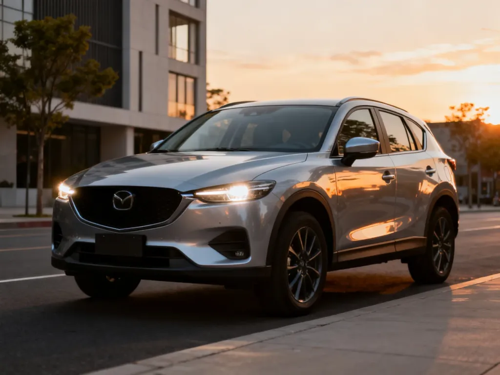 Nowoczesny kompaktowy SUV Omoda 7 w metalicznym srebrze zaparkowany w miejskiej scenerii o zachodzie słońca