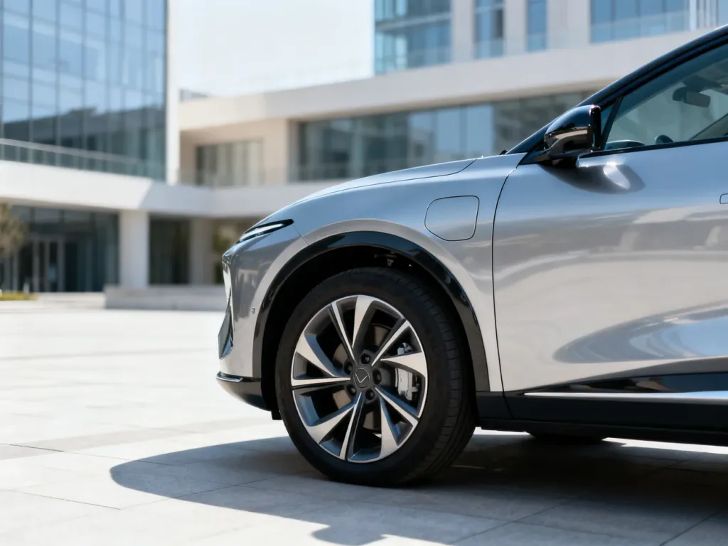 Nowoczesny elektryczny SUV o eleganckim designie zaparkowany na tle minimalistycznej miejskiej architektury.