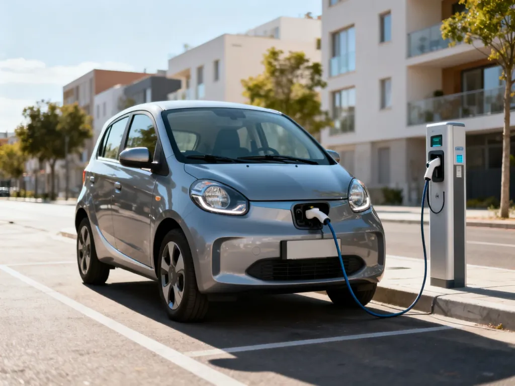 Elektryczny miejski Leapmotor T03 ładuje się przy stacji na spokojnej, nowoczesnej ulicy z blokami w tle