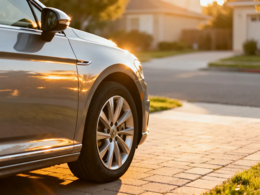 Nowoczesny Ford C-Max zaparkowany na podjeździe w świetle zachodzącego słońca, podkreślającym detale karoserii.