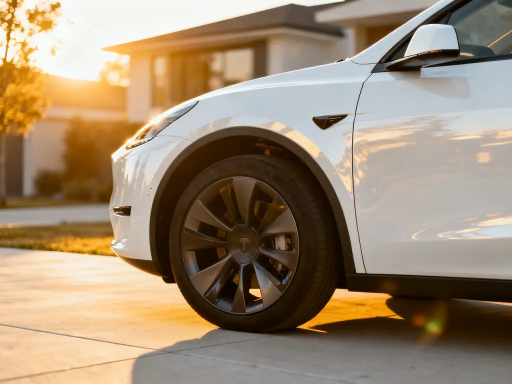 Biała Tesla Model Y zaparkowana na nowoczesnym podjeździe w świetle zachodzącego słońca.