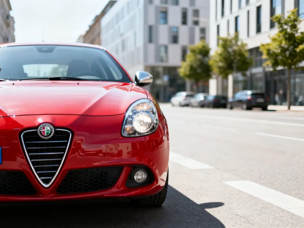 Czerwona Alfa Romeo Giulietta zaparkowana na miejskiej ulicy. Widok z przodu podkreślający charakterystyczny grill auta.