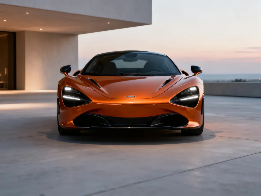 Pomarańczowy McLaren 720S zaparkowany na nowoczesnym betonowym podłożu w świetle zmierzchu.