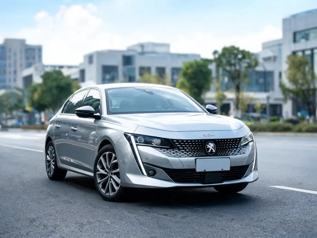 Srebrny Peugeot 308 zaparkowany na miejskiej ulicy, ukazujący design przodu i detale nadwozia w dziennym świetle