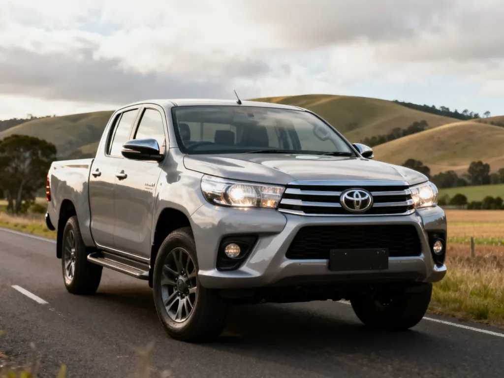 Nowoczesny pickup Toyota Hilux na wiejskiej drodze w otoczeniu pagórkowatego krajobrazu.