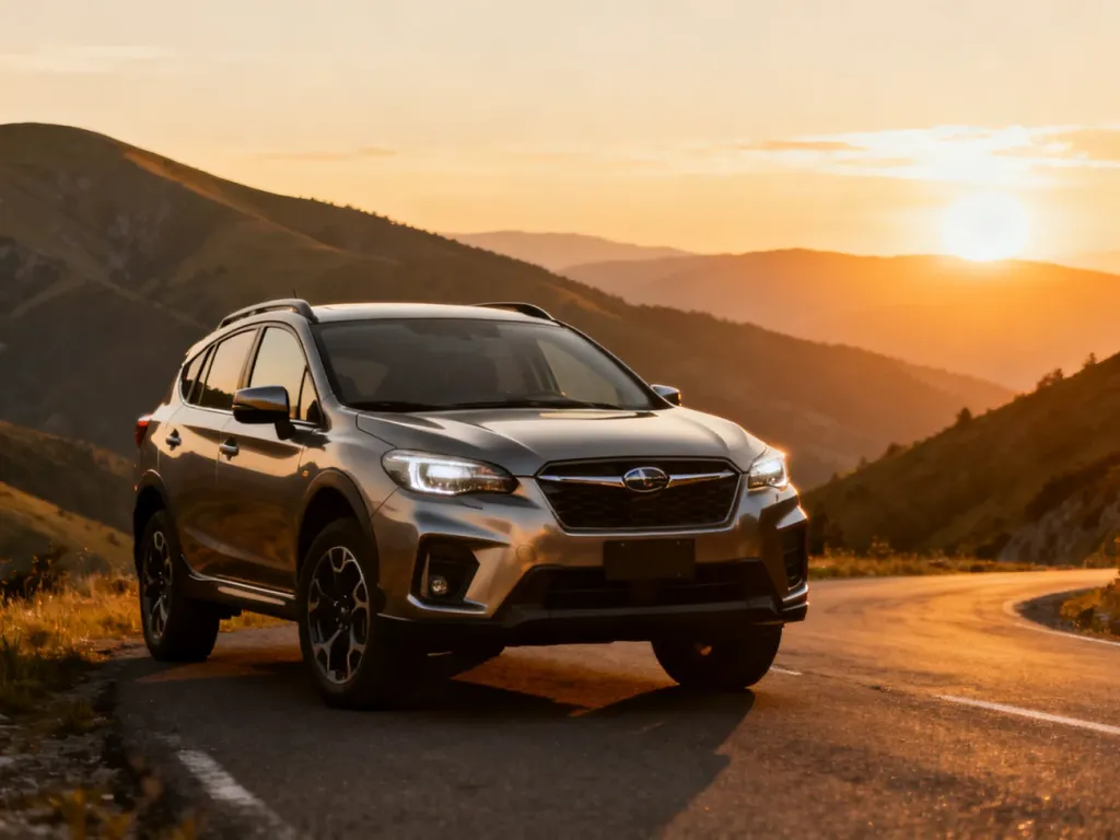 Dacia Sandero Stepway zaparkowana na górskiej drodze w świetle zachodzącego słońca.