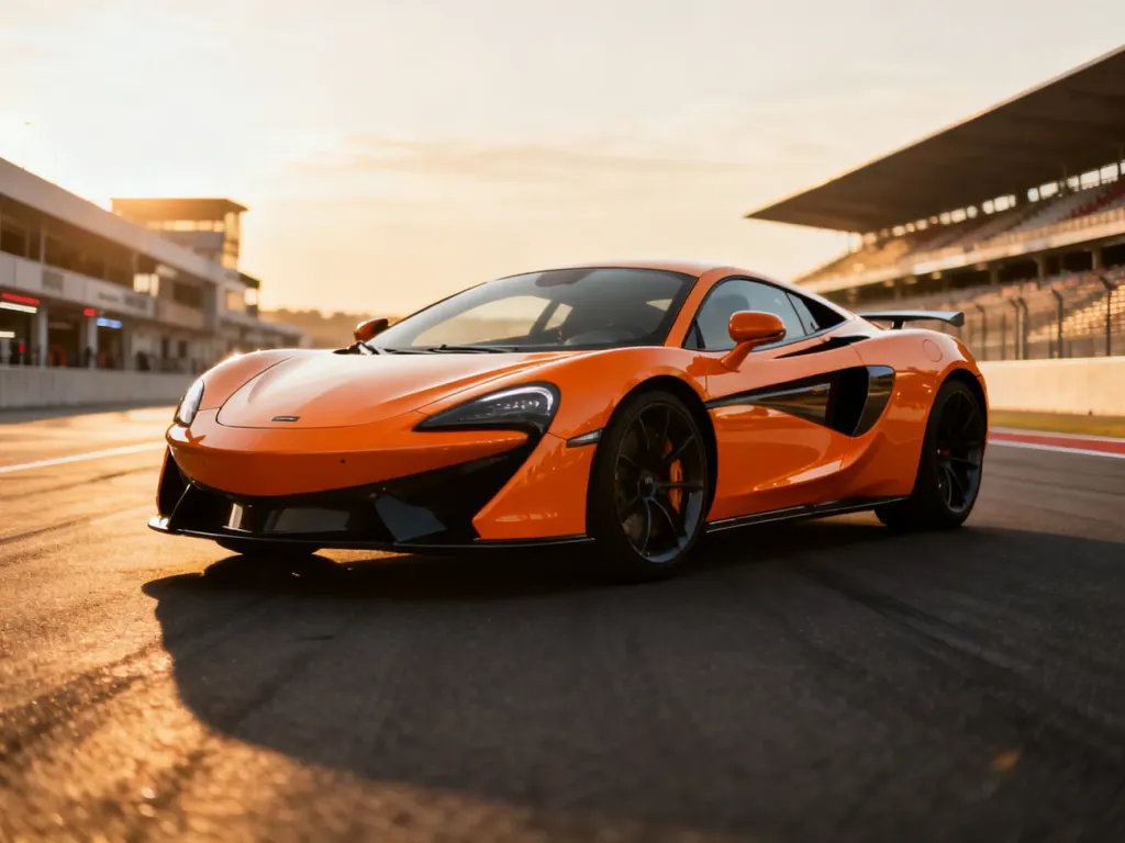 Pomarańczowy McLaren na pustym torze wyścigowym o zachodzie słońca, podkreślone opływowe linie i sportowy charakter auta