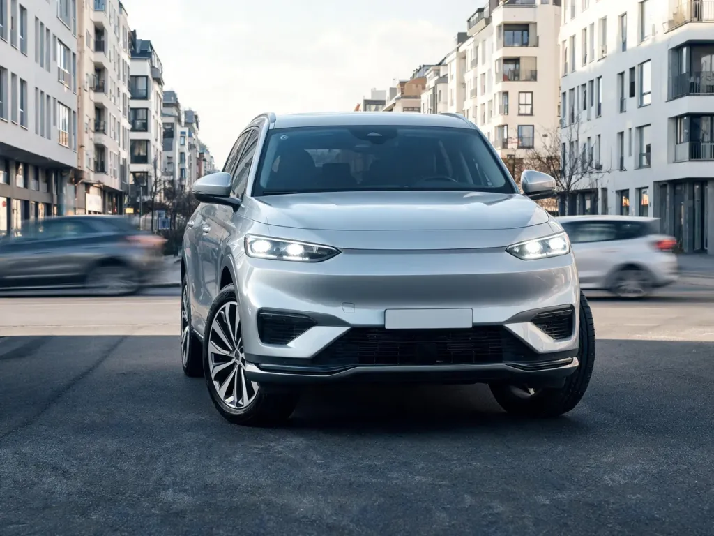 Srebrny SUV Jaecoo 7 zaparkowany na miejskiej ulicy, podkreślający nowoczesny design i detale przedniego pasa auta