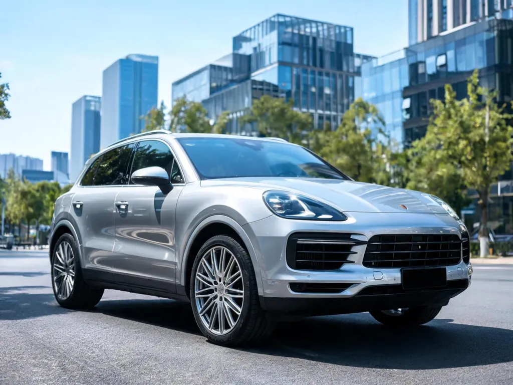 Srebrne Porsche Cayenne na miejskiej ulicy, podkreślające nowoczesny design, reflektory i felgi SUV‑a.
