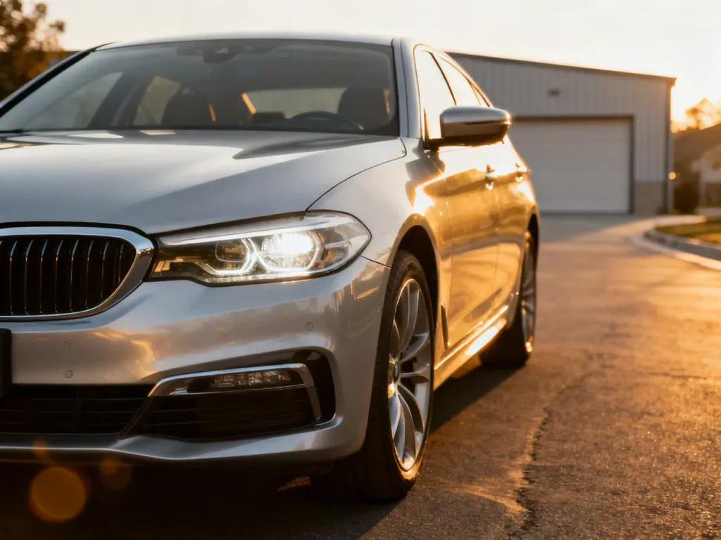 Srebrny sedan marki Volkswagen zaparkowany na asfalcie w świetle zachodzącego słońca, ukazujący detale przedniego pasa.