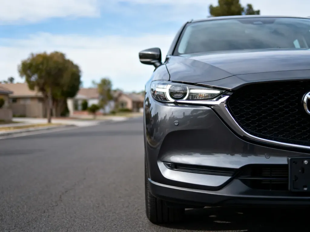 Ciemnoszara Mazda CX-5 z przodu na spokojnej, podmiejskiej ulicy, podkreślająca design auta i charakter rodzinnego SUV-a.