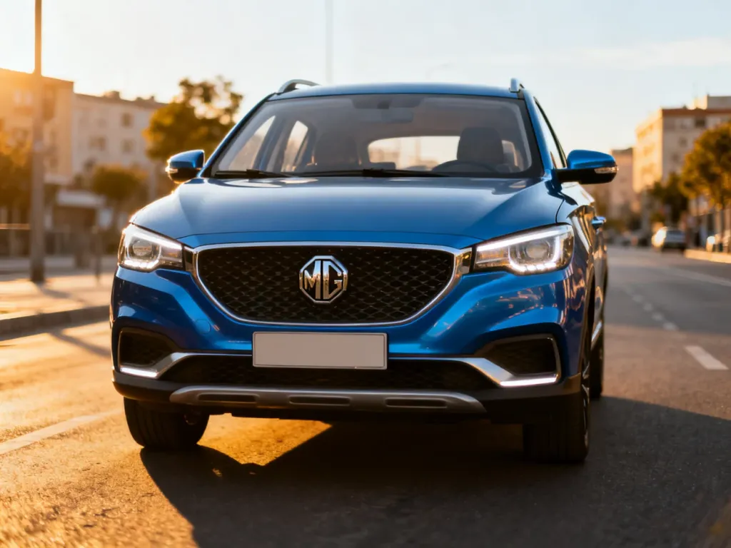 Nowoczesny SUV MG ZS w metalicznym niebieskim kolorze zaparkowany na miejskiej ulicy, podkreślający stylistykę i wyposażenie modelu.