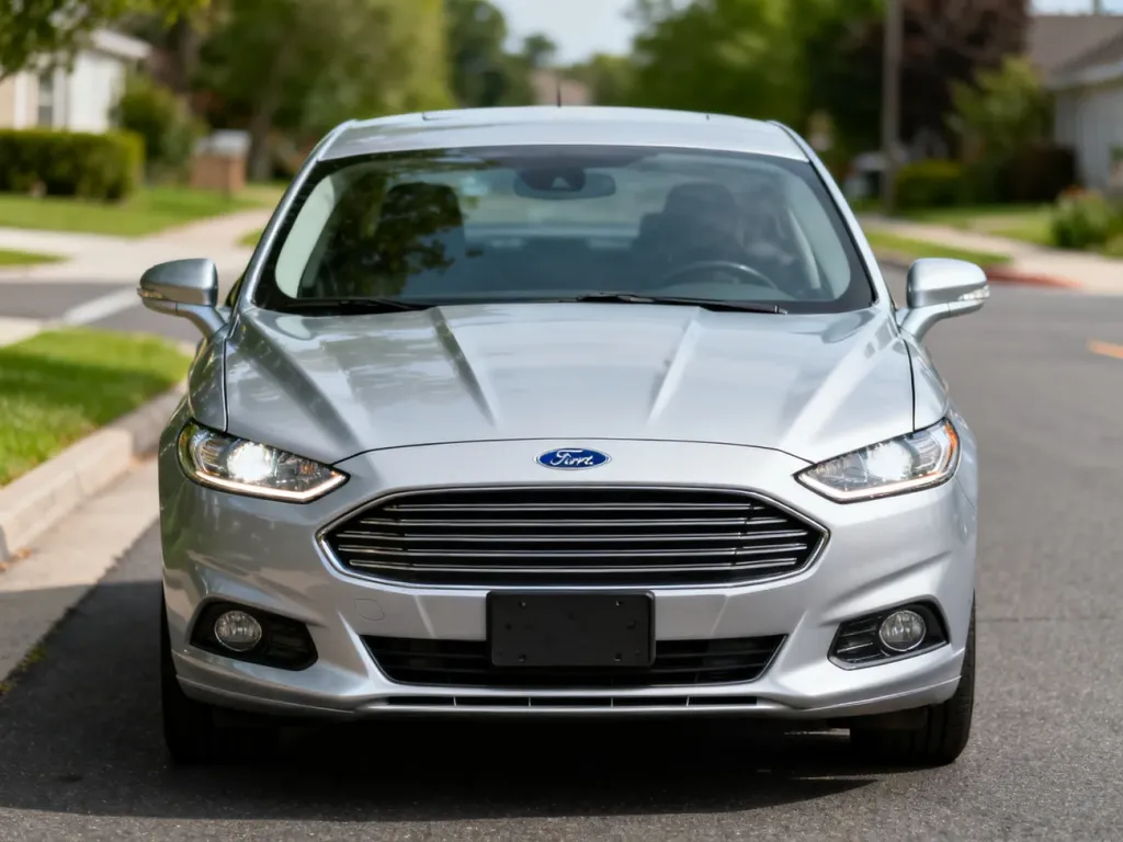 Srebrny sedan Ford Mondeo zaparkowany na asfaltowej drodze, prezentujący nowoczesny design przedniego pasa.