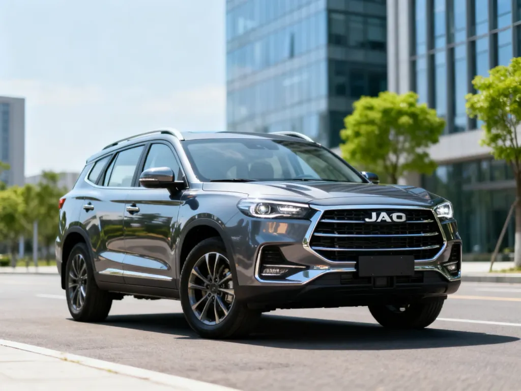 Jaecoo 8 SUV na miejskiej ulicy, ukazany z przodu i boku, podkreślone reflektory, grill i felgi na tle biurowców.