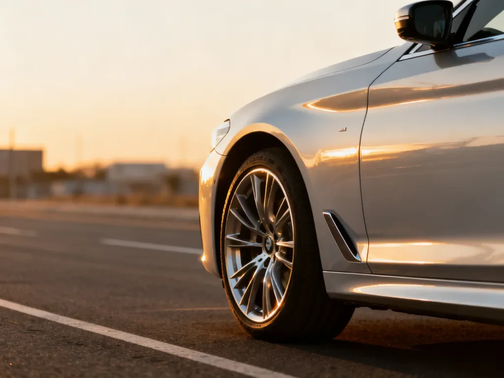 Srebrny sedan Kia Optima zaparkowany na pustej drodze w świetle zachodzącego słońca, podkreślającym jego nowoczesną linię.