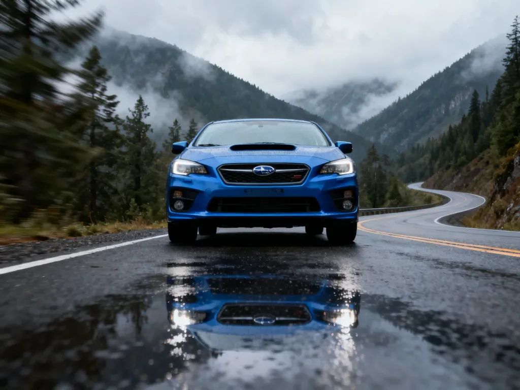 Niebieskie Subaru na mokrej, górskiej szosie, podkreślające terenowy charakter i dynamiczny styl marki.