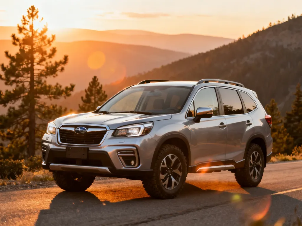 Srebrny Subaru Forester zaparkowany na górskiej drodze w świetle zachodzącego słońca.