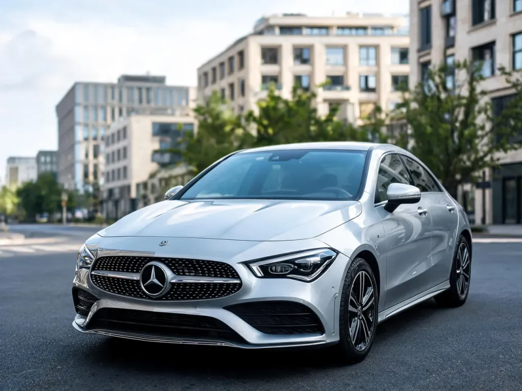 Srebrny Mercedes CLA z przodu na miejskiej ulicy, podkreślone reflektory i grill, nowoczesna miejska sceneria w tle