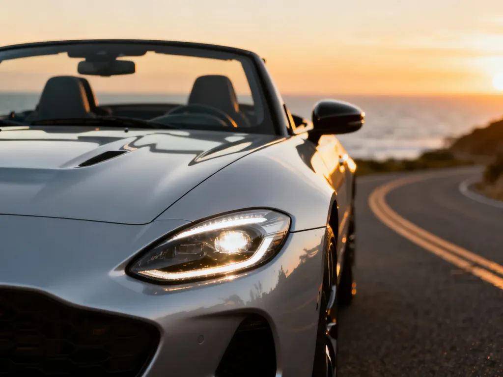 Srebrny kabriolet BMW Z4 zaparkowany na malowniczej nadmorskiej drodze podczas zachodu słońca.