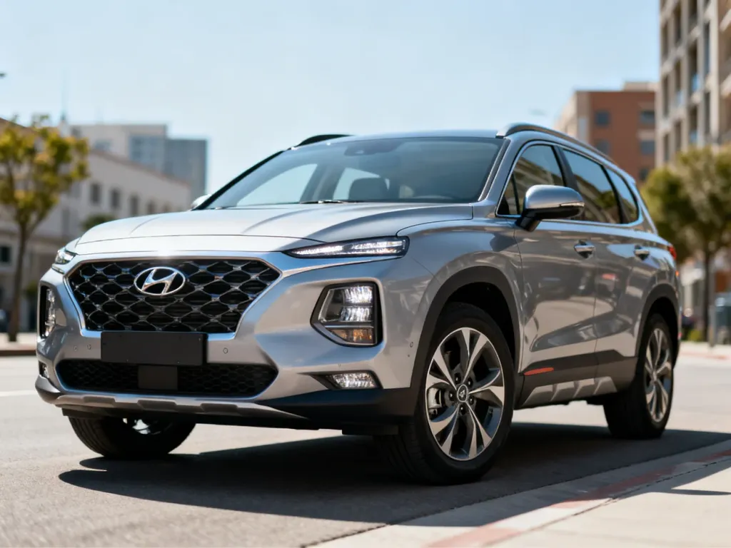 Srebrny Hyundai Santa Fe zaparkowany na miejskiej ulicy, widok z przodu pod kątem, podkreślający design SUV-a.