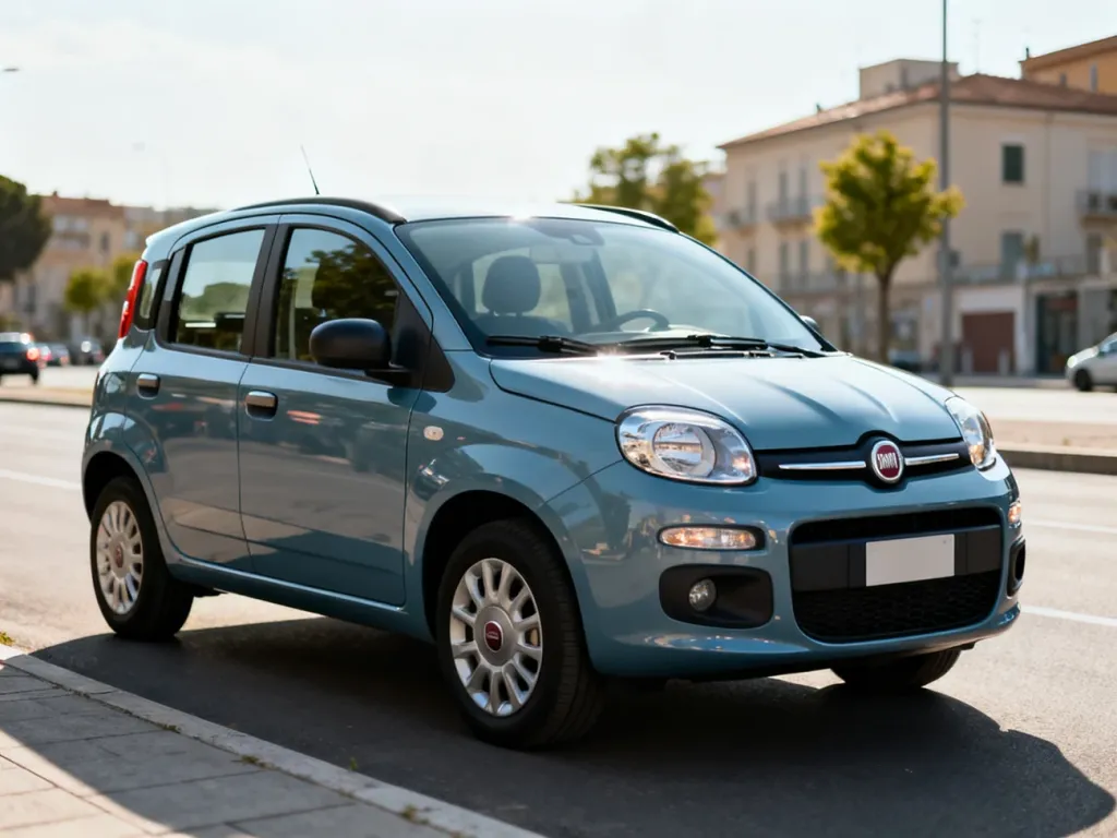 Fiat Panda zaparkowany na miejskiej ulicy w dzień, widok z przodu i boku, podkreślone proste linie i kompaktowy charakter