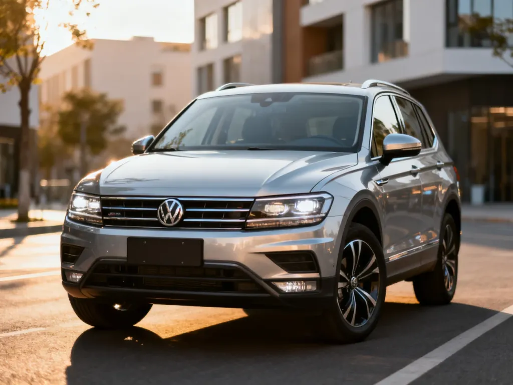 Volkswagen Tayron z przodu na miejskiej ulicy, podkreślone reflektory i grill w srebrnym nadwoziu