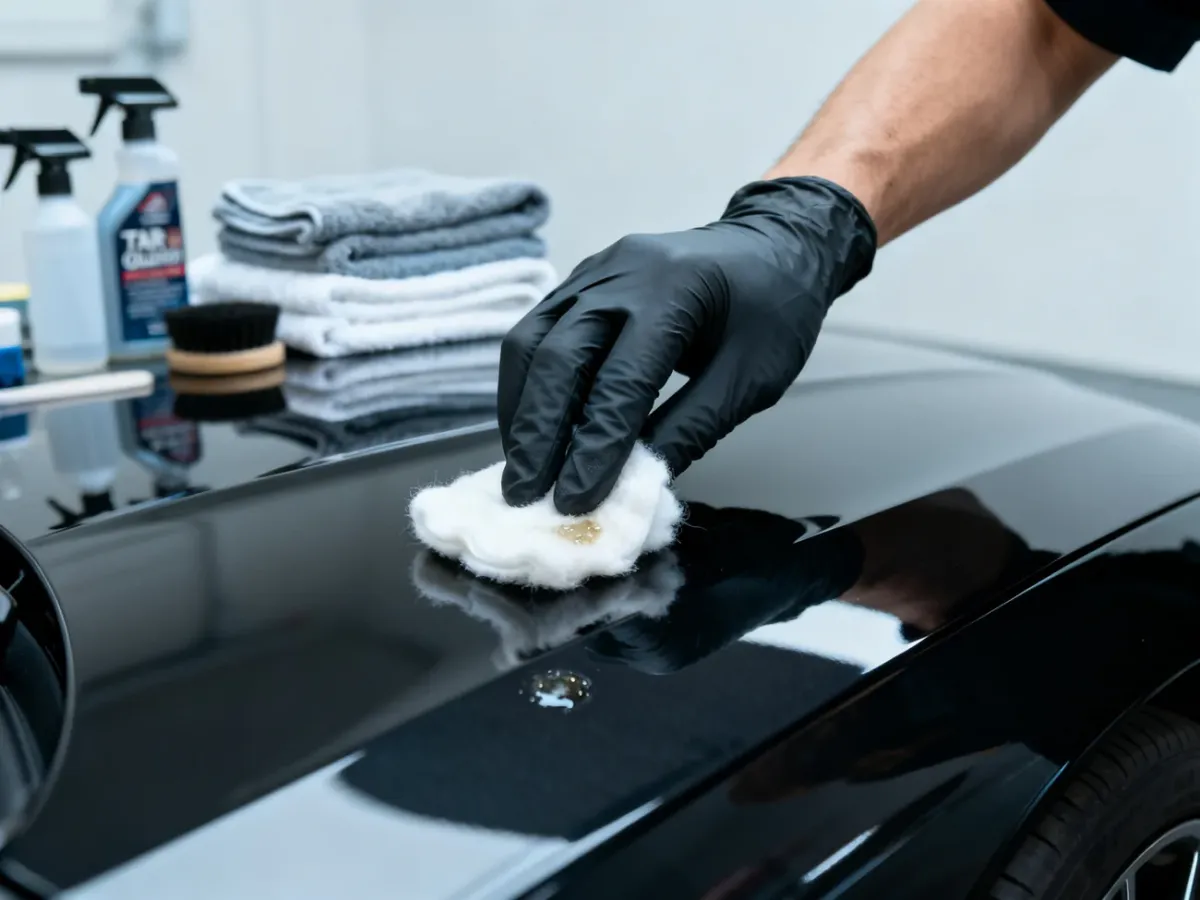 Detailer nakłada preparat do usuwania smoły i kleju na plamę żywicy na lakierze samochodu