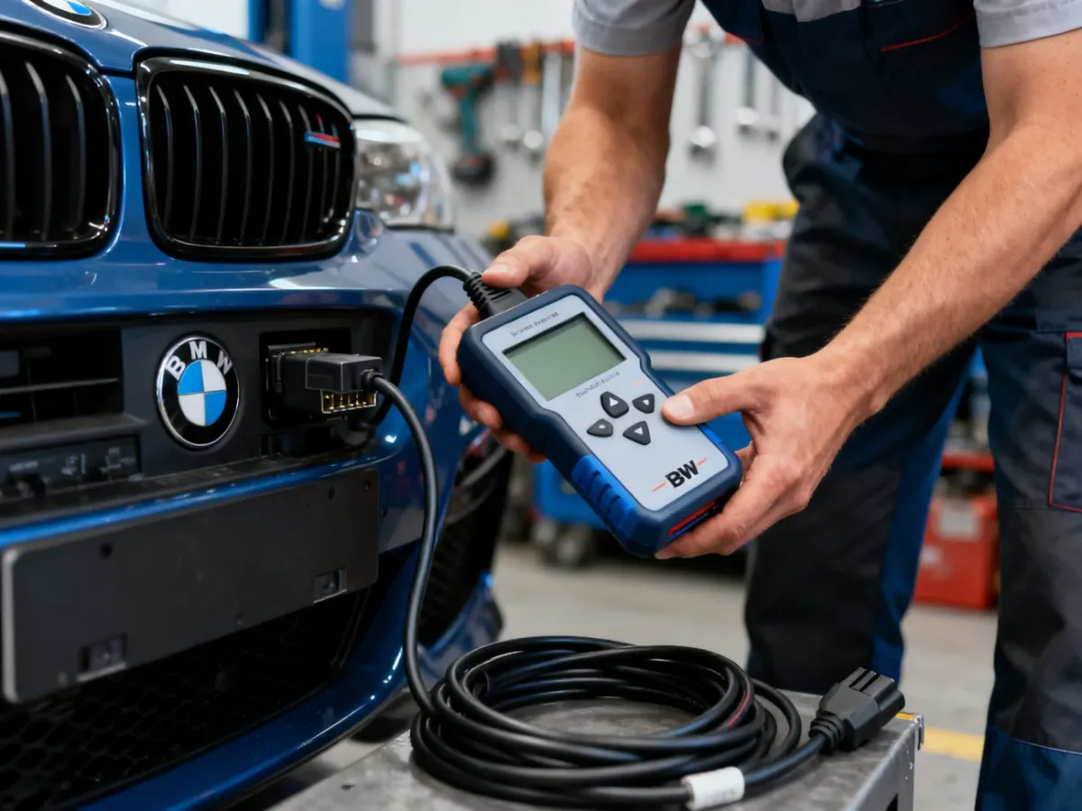 Mechanik podłączający tester diagnostyczny do BMW