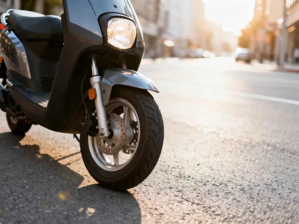 Nowoczesny skuter 50cc zaparkowany na miejskiej ulicy w porannym słońcu.