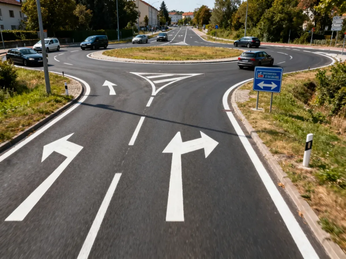 Widok kierowcy zbliżającego się do ronda turbinowego z oznakowaniem kierunkowym
