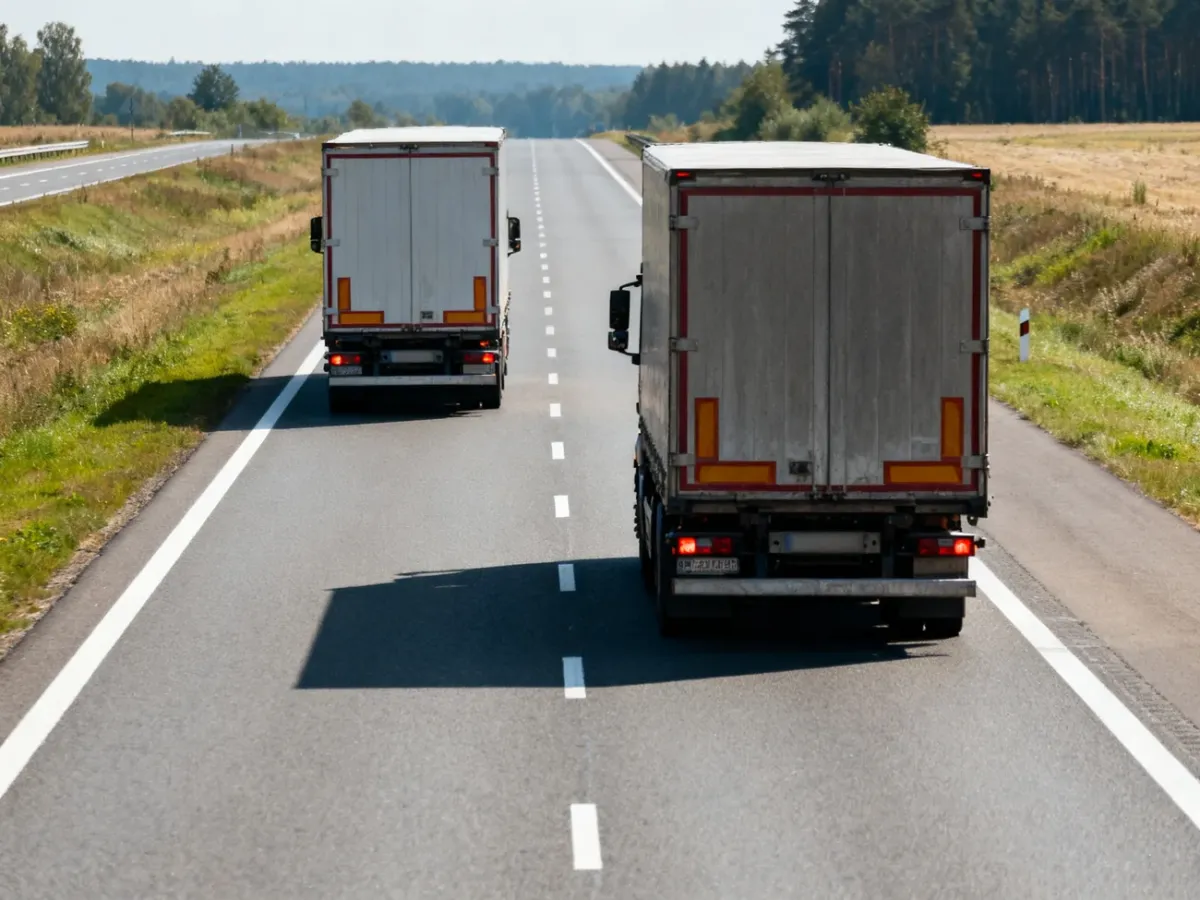 Dwie ciężarówki jadące prawym pasem autostrady z dwoma pasami ruchu