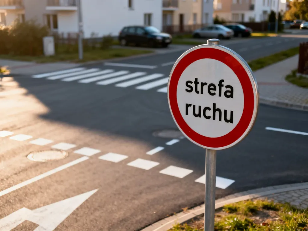 Znak drogowy „strefa ruchu” na tle nowoczesnego osiedla, informujący o zasadach poruszania się w tym obszarze.