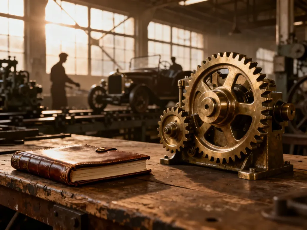 Warsztat samochodowy z lat 20. XX wieku z mosiężnym mechanizmem i notatnikiem na drewnianym stole roboczym.