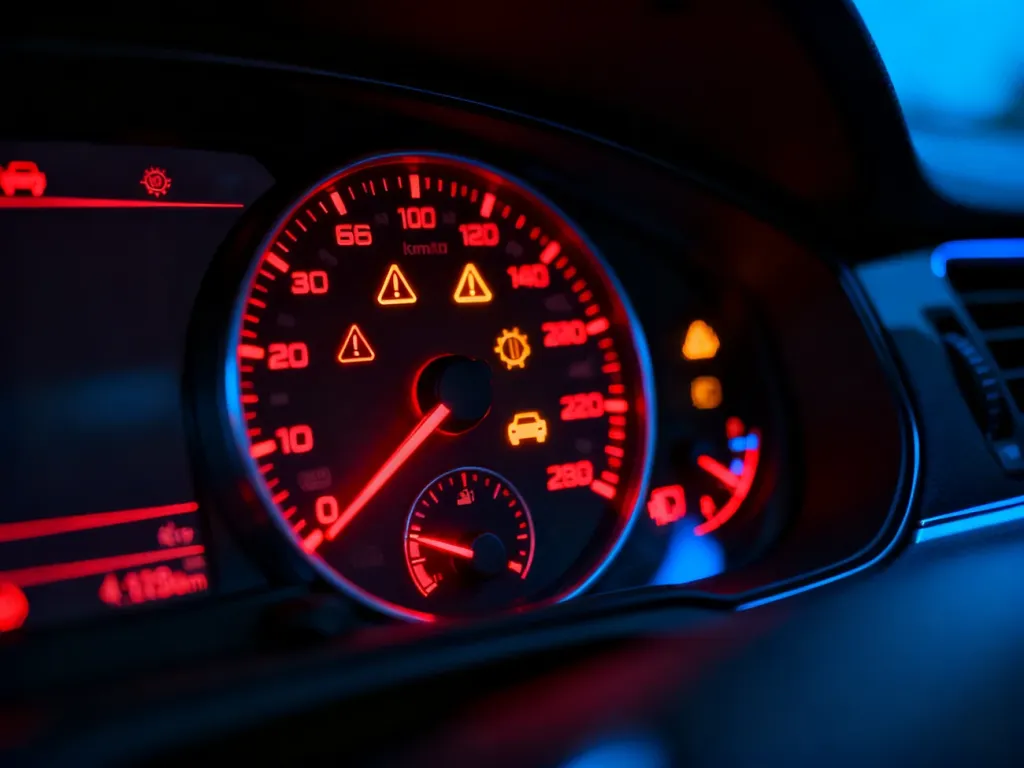 Podświetlony nocą cyfrowy zestaw wskaźników BMW z widocznymi ikonami ostrzegawczymi i prędkościomierzem.