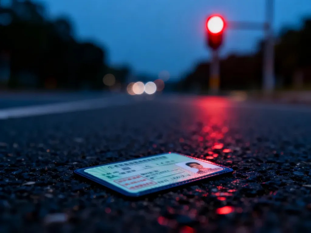 Plastikowe prawo jazdy leżące na asfalcie na tle rozmytego, czerwonego światła sygnalizacji świetlnej.
