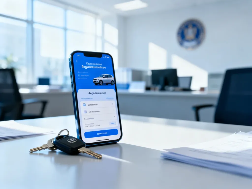 Smartfon z aplikacją do rejestracji pojazdu oraz kluczyki samochodowe na biurku, symbolizujące proces załatwiania spraw online.