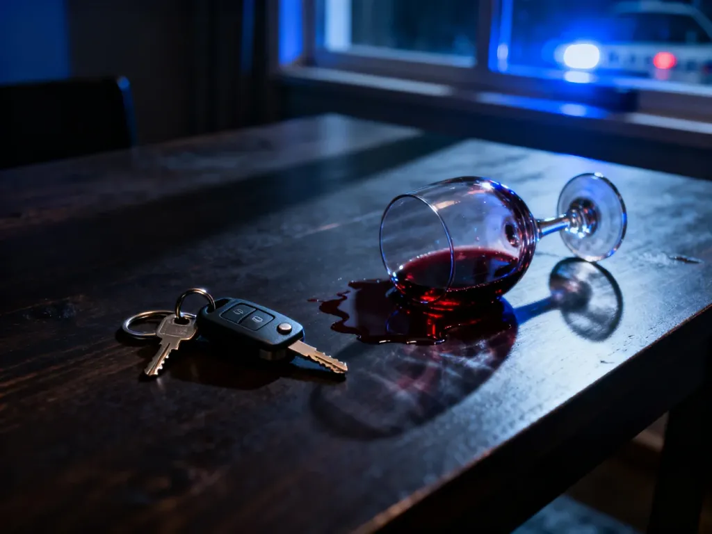Kluczyki do samochodu leżące obok rozlanego wina i światła policyjnego radiowozu, symbolizujące konsekwencje jazdy po alkoholu.