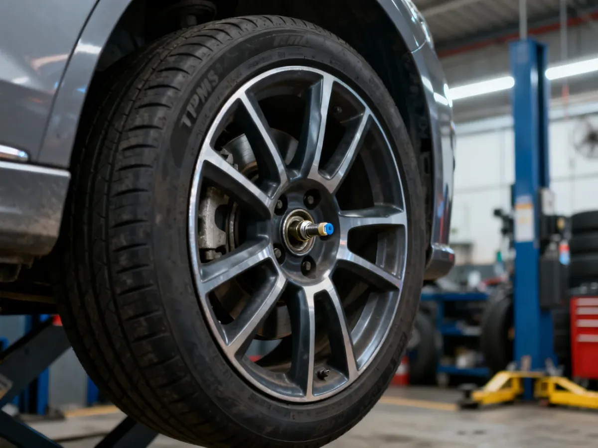 Czujnik bezpośredniego systemu TPMS zamontowany przy zaworze felgi