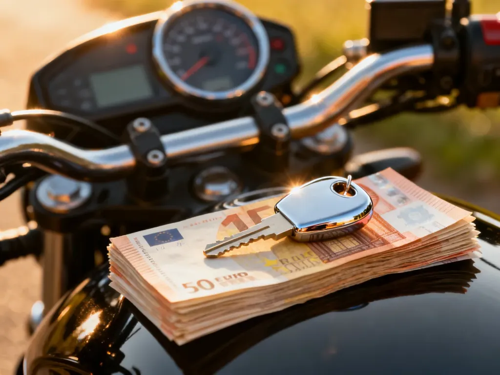 Kluczyk do motocykla leżący na stosie banknotów euro, symbolizujący koszty związane z uzyskaniem prawa jazdy kategorii A.