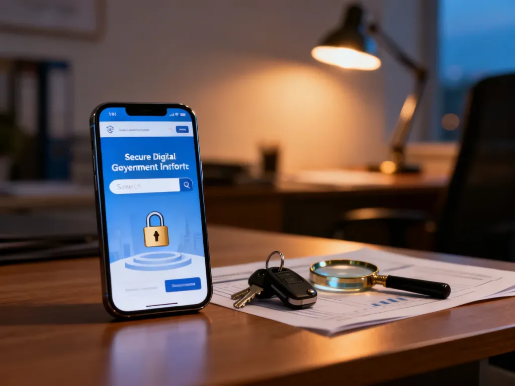 Smartfon z rządowym portalem, kluczyki do samochodu i lupa na biurku, symbolizujące weryfikację uprawnień do kierowania.