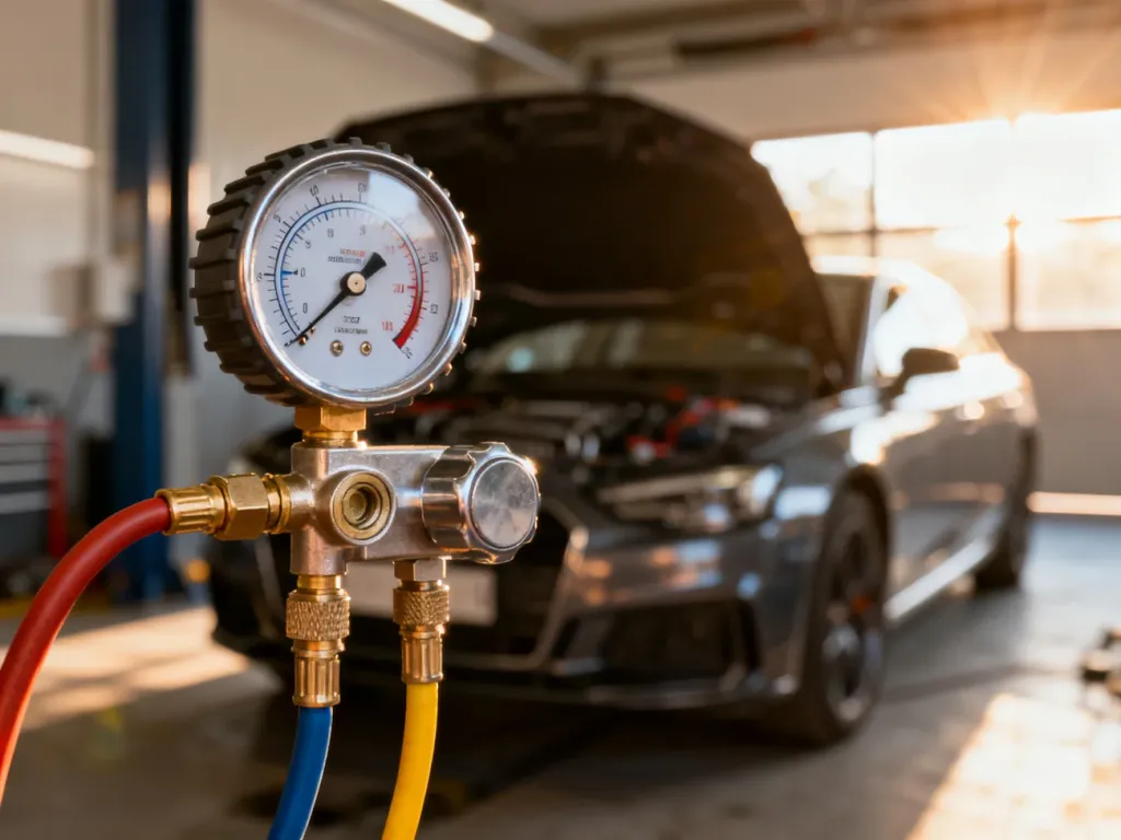 Manometr podłączony do układu klimatyzacji samochodowej podczas pomiaru ciśnienia w profesjonalnym warsztacie.
